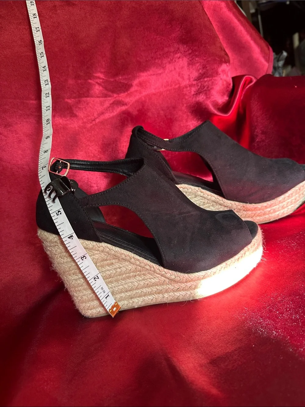 Black Suede Espadrille Wedge Sandals - Women's